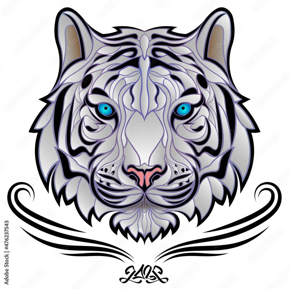 White Bengal tiger logo, symbol of 2022. Snow tiger muzzle with blue eyes in tattoo style. Stylized cute snowy tiger face glowing from within. Сartoon vector illustration. White Bengal tiger logo, symbol of 2022. Snow tiger muzzle with blue eyes in tattoo style. Stylized cute snowy tiger face glowing from within. Сartoon vector illustration.