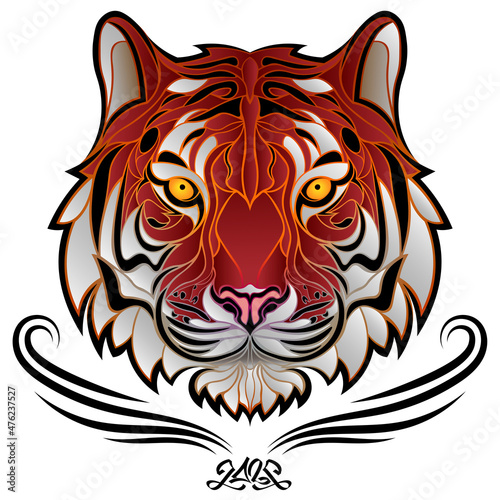 Fototapeta Naklejka Na Ścianę i Meble -  Head of the tiger symbol of 2022. Red tiger muzzle in tattoo style. Stylized calm tiger face with warm glowing from within. Сartoon vector illustration.
