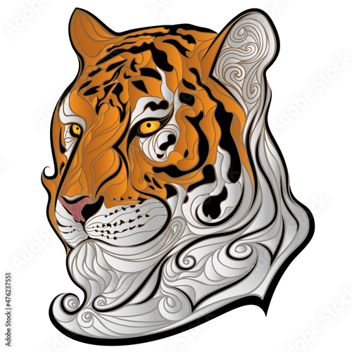Tiger head with wavy hair. Orange tiger muzzle in tattoo style. Stylized calm tiger face with beard. Сartoon vector illustration.