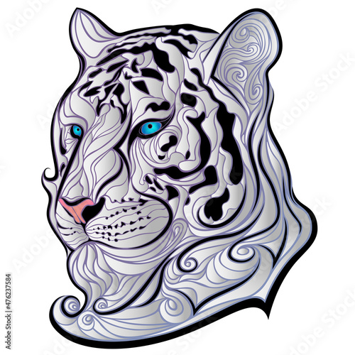 White Bengal tiger head with wavy hair. Snow tiger muzzle with blue eyes in tattoo style. Stylized calm snowy tiger face glowing from within. Сartoon vector illustration.