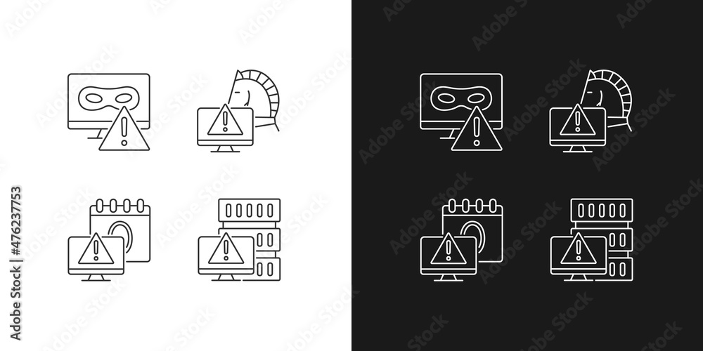 Computer system attacks linear icons set for dark and light mode. Trojan horse and rootkit. Computer disruption. Customizable thin line symbols. Isolated vector outline illustrations. Editable stroke Computer system attacks linear icons set for dark and light mode. Trojan horse and rootkit. Computer disruption. Customizable thin line symbols. Isolated vector outline illustrations. Editable stroke