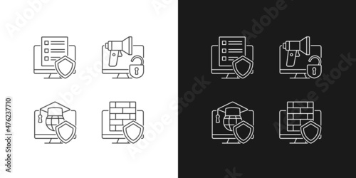 Protect private data linear icons set for dark and light mode. Cyber policy. Cybersecurity education. Customizable thin line symbols. Isolated vector outline illustrations. Editable stroke