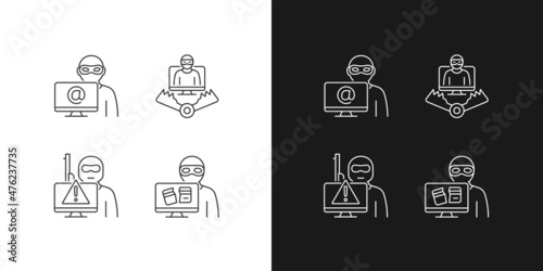 Cyber attacker linear icons set for dark and light mode. Cyberterrorism. Cybercriminal trap. Computer disruption. Customizable thin line symbols. Isolated vector outline illustrations. Editable stroke