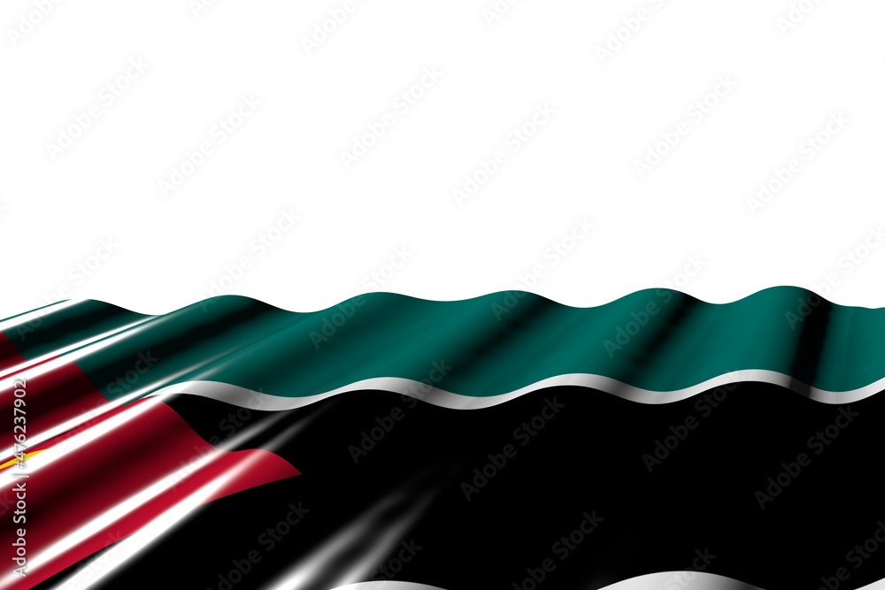 Fototapeta premium wonderful shiny flag of Mozambique with large folds lying at the bottom isolated on white - any celebration flag 3d illustration..