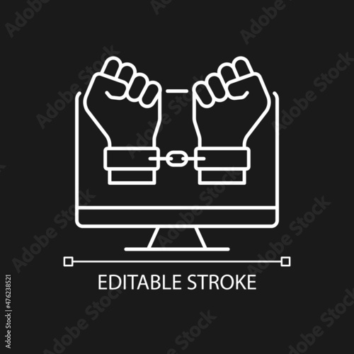 Hacker catching white linear icon for dark theme. Arrested for fraud. Thin line customizable illustration. Isolated vector contour symbol for night mode. Editable stroke. Arial font used