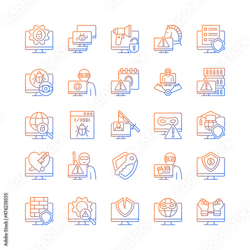 Hacker attack gradient linear vector icons set. Cybercrime. Computer system, network disruption. Isolated vector illustrations. Simple filled line drawings collection. Editable stroke
