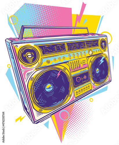 Music 80s style design - funky colorful drawn boom box tape recorder