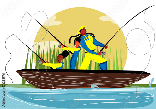 Gay family fishing on a boat while on the lake