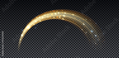 Gold magic arc. Abstract magic light effect. Luminous neon lines with flying lights.