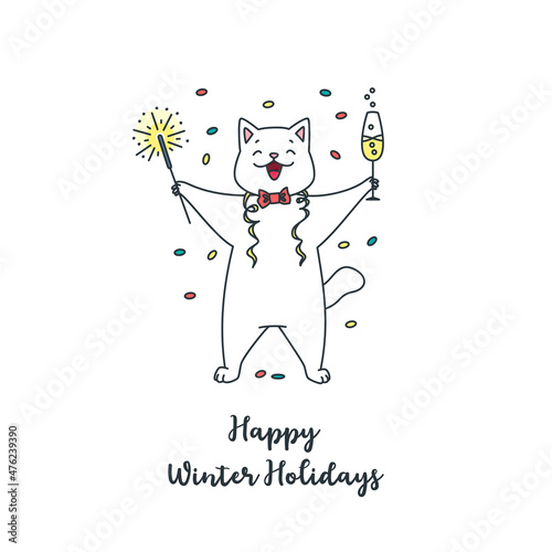 Happy Winter Holidays greeting card. Illustration of a cute white cat holding a sparkles and a champagne glass in his paws. Vector 10 EPS.
