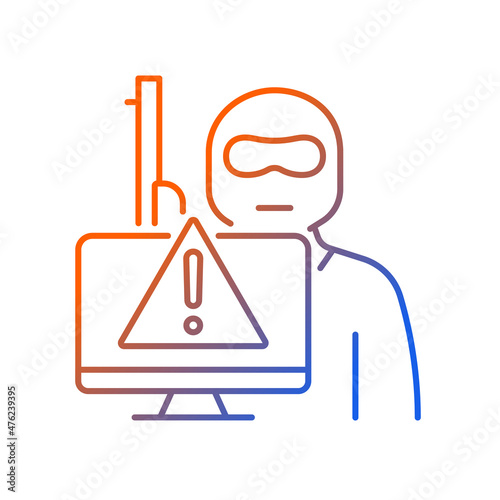 Cyberterrorism gradient linear vector icon. Illegal cyber attack. Coercion and intimidation. Political and social aims. Thin line color symbol. Modern style pictogram. Vector isolated outline drawing