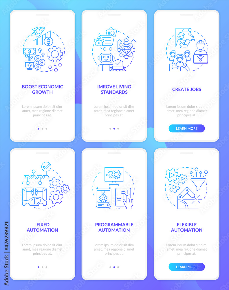 Automation systems blue gradient onboarding mobile app screen set. Walkthrough 3 steps graphic instructions pages with linear concepts. UI, UX, GUI template. Myriad Pro-Bold, Regular fonts used
