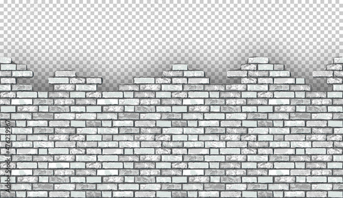 Realistic Vector broken white brick wall with transparent background. Destroyed flat gray stone wall texture. Grey textured brickwork for print, design, decor, background, banner, advert