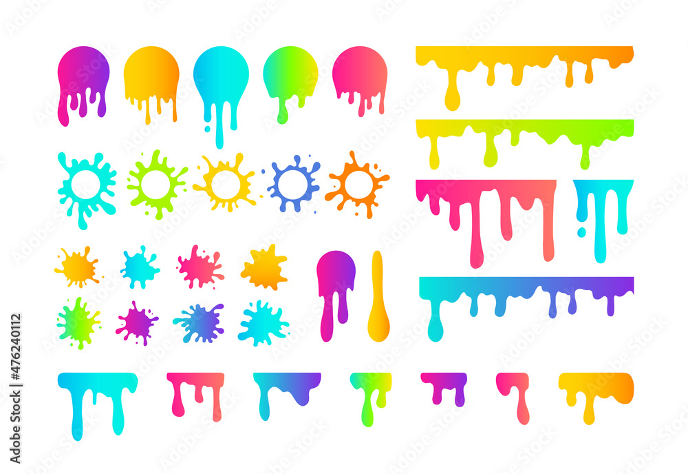 Vector paint dripping and blob set. Vibrant colors gradient liquid splash, round ink splatter, dripping paints collection. Paint flows circle stickers, abstract stains badges and drops design element