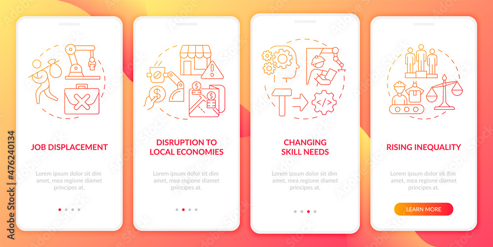 Negative automation impact red gradient onboarding mobile app screen. Walkthrough 4 steps graphic instructions pages with linear concepts. UI, UX, GUI template. Myriad Pro-Bold, Regular fonts used
