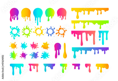 Vector paint dripping and blob set. Vibrant colors gradient liquid splash, round ink splatter, dripping paints collection. Paint flows circle stickers, abstract stains badges and drops design element