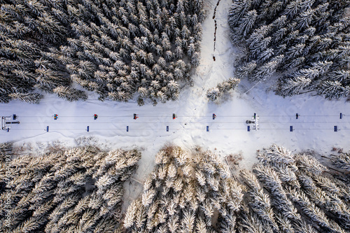 Photography Alpine ski lift aerial drone view
