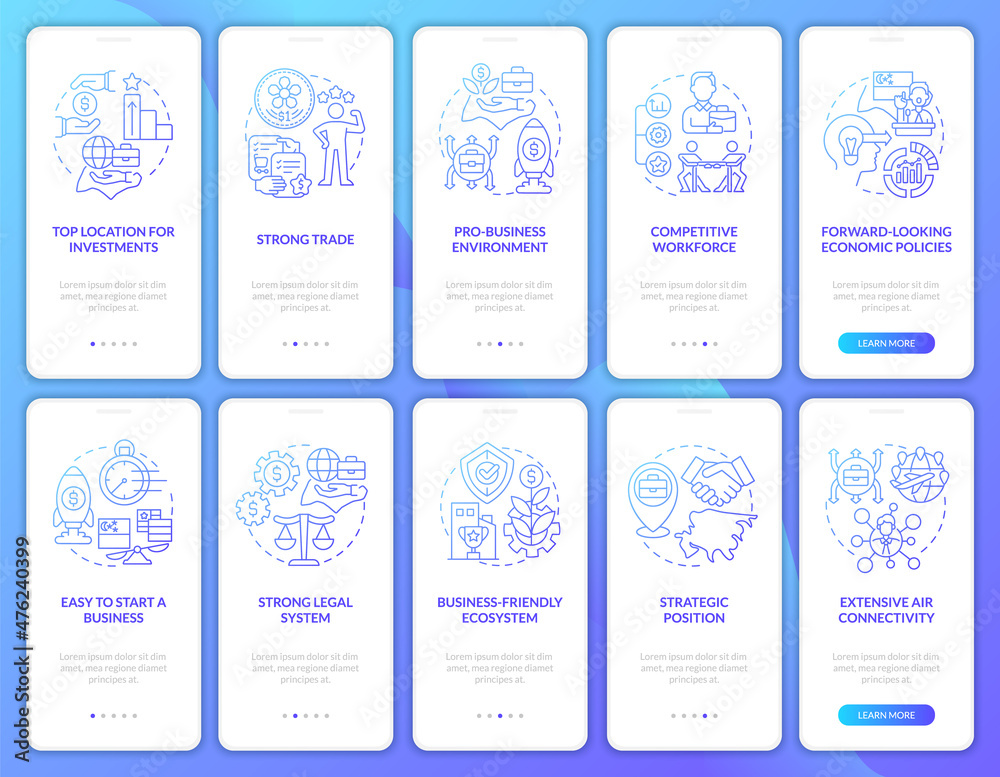 Doing business in Asia blue gradient onboarding mobile app screen set. Walkthrough 5 steps graphic instructions pages with linear concepts. UI, UX, GUI template. Myriad Pro-Bold, Regular fonts used