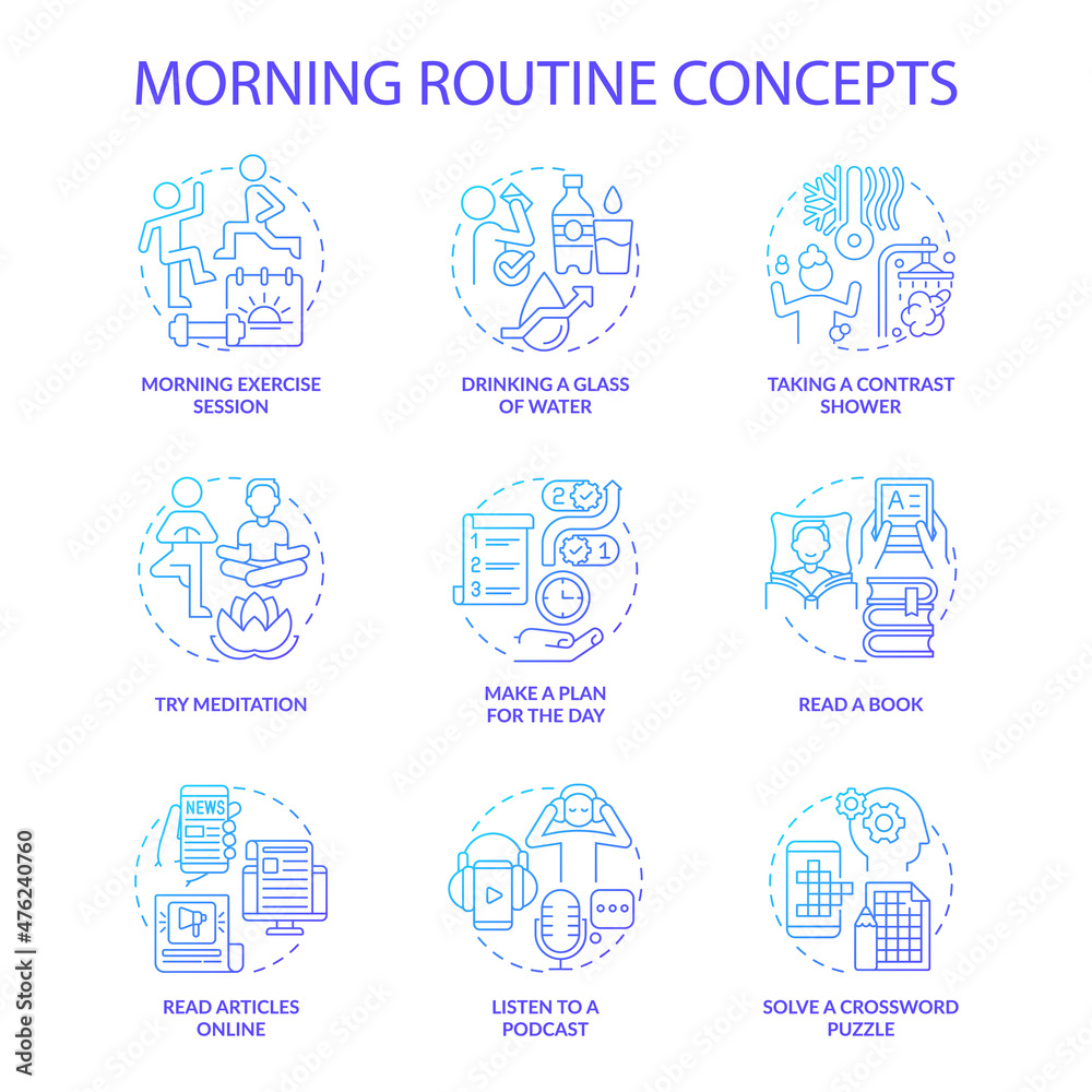 Morning routine blue gradient concept icons set. Everyday rituals for productivity idea thin line color illustrations. Isolated outline drawings. Roboto-Medium, Myriad Pro-Bold fonts used