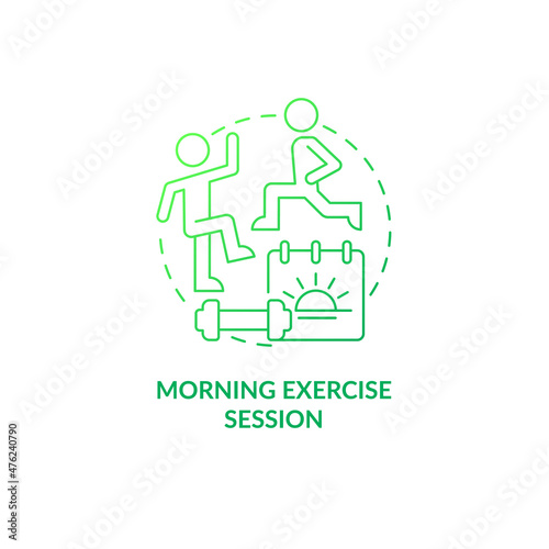 Morning exercise session green gradient concept icon. Positive day beginning abstract idea thin line illustration. Isolated outline drawing. Roboto-Medium, Myriad Pro-Bold fonts used