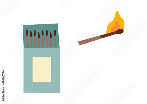 Vector matchbox with matchstick in flat style. Hand-drawn illustration.