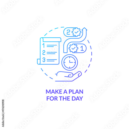 Make plan for day blue gradient concept icon. Checking daily schedule in morning abstract idea thin line illustration. Isolated outline drawing. Roboto-Medium, Myriad Pro-Bold fonts used © bsd studio