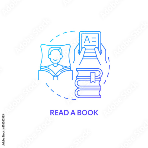 Read book blue gradient concept icon. Resting and study. Morning routine for wellness abstract idea thin line illustration. Isolated outline drawing. Roboto-Medium, Myriad Pro-Bold fonts used