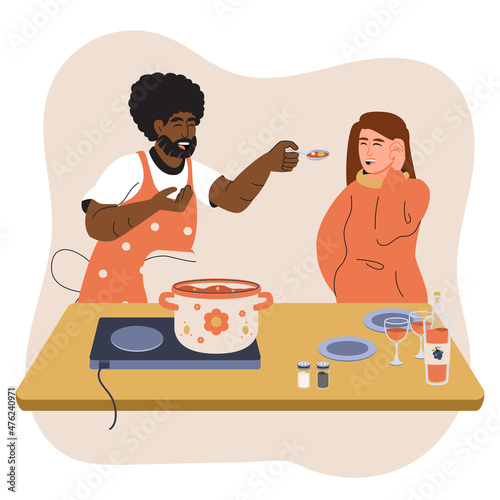 Man gives food to his wife or girlfriend to taste. Happy smiling couple cooks in the kitchen. Cheerful man feeds woman from a spoon. People trying each others cooking. Cartoon vector illustration.