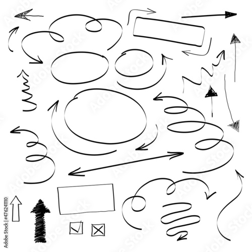 Hand drawn set arrows, frames and borders in cartoon style. Doodle vector design elements for infographics, graphic and web design. Line art collection