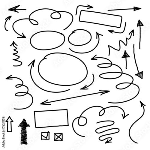 Hand drawn set arrows, frames and borders in cartoon style. Doodle vector design elements for infographics, graphic and web design. Line art collection