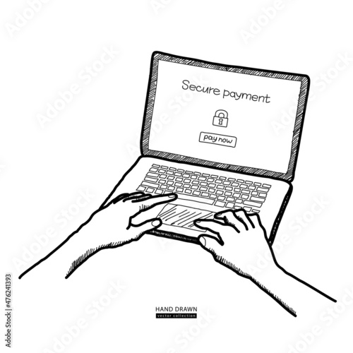Online banking on computer. Secure payment text on screen. Hands on keyboard. Transfer money from transaction account concept. Hand drawn vector sketch. Black outline on white background