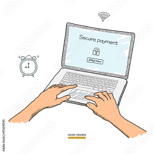 Online banking on computer. Secure payment text on screen. Hands on keyboard. Transfer money from transaction account concept. Hand drawn colored vector sketch. Clock alarm, little time