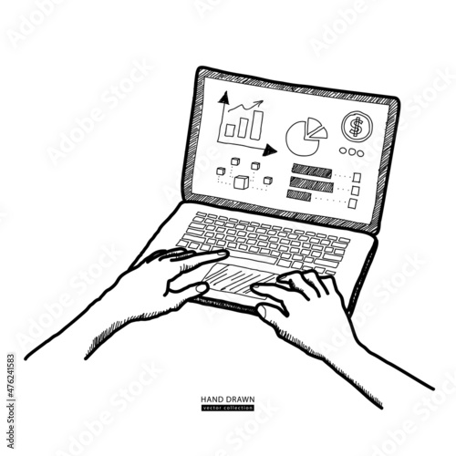 Human hands typing on keyboard. Work at home, remote work, freelance online job concept. Working on laptop vector sketch hand drawn illustration. Web banner or poster design elements