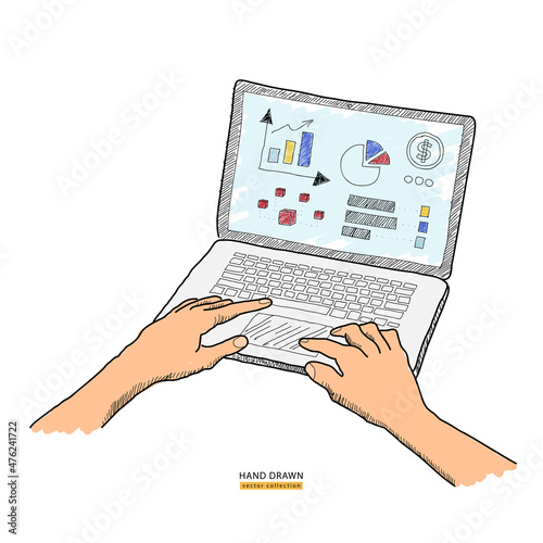 Human hands typing on keyboard. Work at home, remote work, freelance online job concept. Working on laptop vector sketch hand drawn illustration. Web banner or poster design elements. Isolated