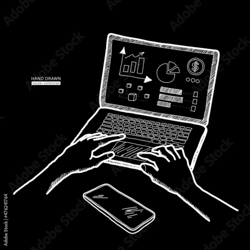 Human hands typing on keyboard. Working on laptop vector sketch hand drawn illustration. Digital technology concept. White line art on black background