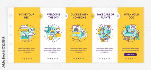 Everyday routine tips yellow onboarding template. Leisure and lifestyle. Responsive mobile website with linear concept icons. Web page walkthrough 5 step screens. Lato-Bold, Regular fonts used