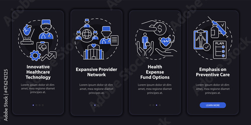 Employee perks night themeonboarding mobile app screen. Insurance walkthrough 4 step graphic instructions pages with linear concept. UI, UX, GUI template. Myriad Pro-Bold, Regular fonts used