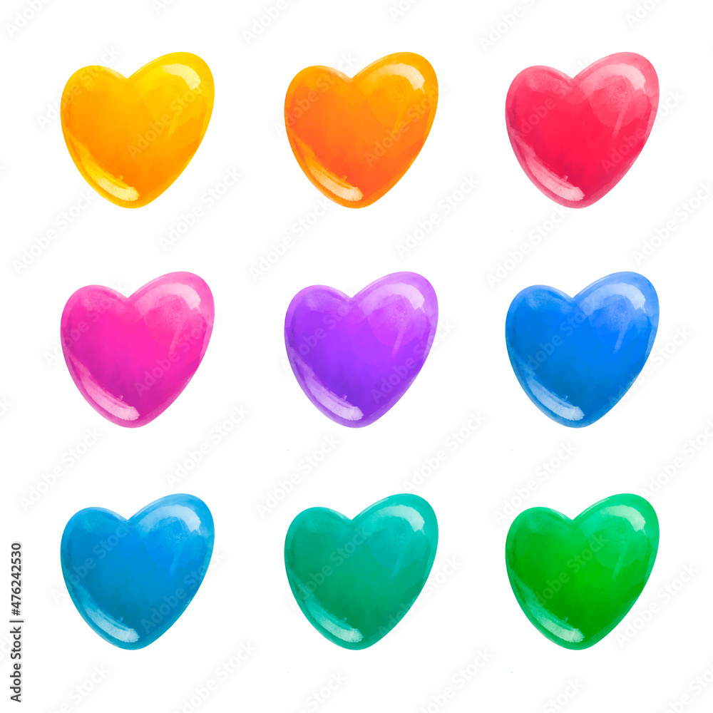 Print of nine  painted hearts of different colors in three rows on a white background