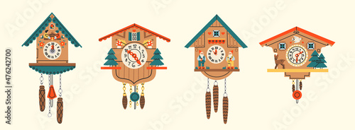 Set of four Cuckoo Clocks. Decorative wooden clock. Antique german wall watches. Hand drawn colorful modern Vector Illustrations. Cartoon style, flat design. Every clock is isolated