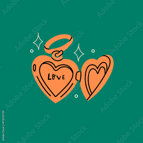 Heart shaped Locket. Golden pendant. Precious jewelry. Love, romance, Valentine's day concept. Hand drawn modern Vector illustration. Isolated on green. Cartoon style. Logo, icon, print template
