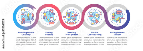 Workplace anxiety loop infographic template. Stress feeling. Data visualization with 5 steps. Process timeline info chart. Workflow layout with line icons. Myriad Pro-Bold, Regular fonts used