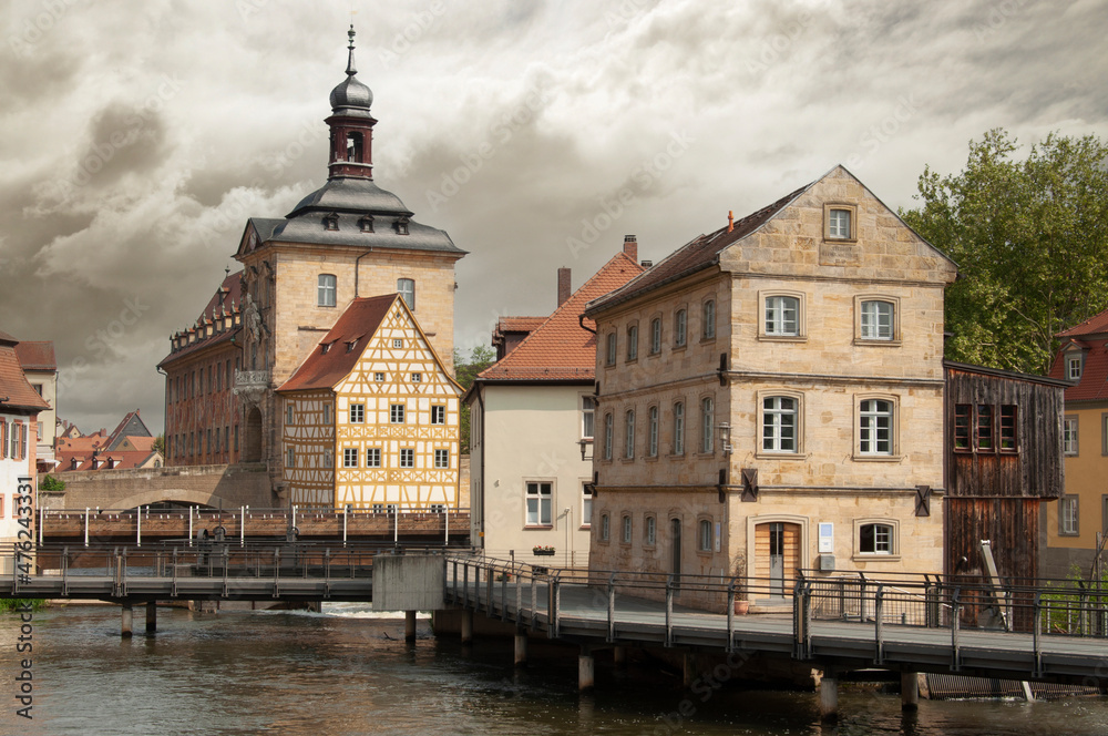 View of the old Town Hall (Altes Rathauson) an island over the Regnitz, in Bamberg, Germany
