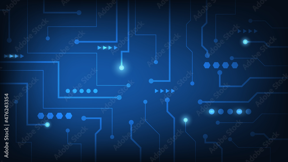 Hi-tech digital circuit board. AI pad and electrical lines connected on blue lighting background. futuristic design element
