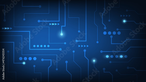 Hi-tech digital circuit board. AI pad and electrical lines connected on blue lighting background. futuristic design element 