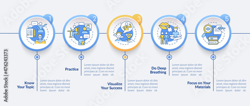 Overcoming fear of public speaking circle infographic template. Data visualization with 5 steps. Process timeline info chart. Workflow layout with line icons. Lato-Bold, Regular fonts used