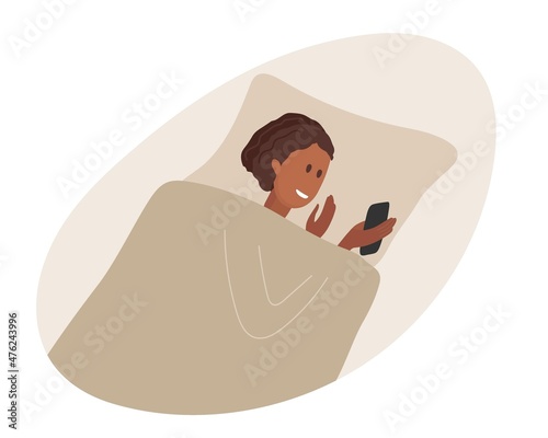 Young woman lies in her bed under blanket and looks into phone. Lady before going to bed. Obsession with gadgets, social networks, instant messengers flat Vector illustration in flet style