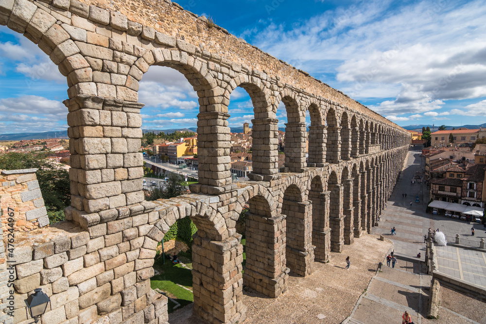 View of the Aqueduct of Segovia by the day - Segovia, Spain