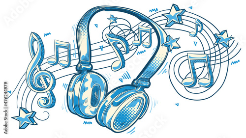 Music design - drawn musical headphones, notes and clef