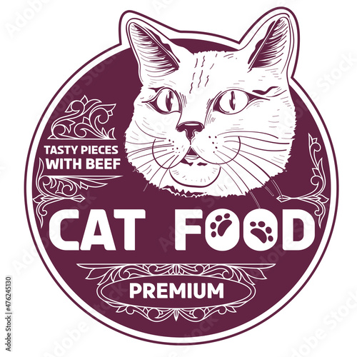 Cat food - hand drawn monochrome label design in retro style
