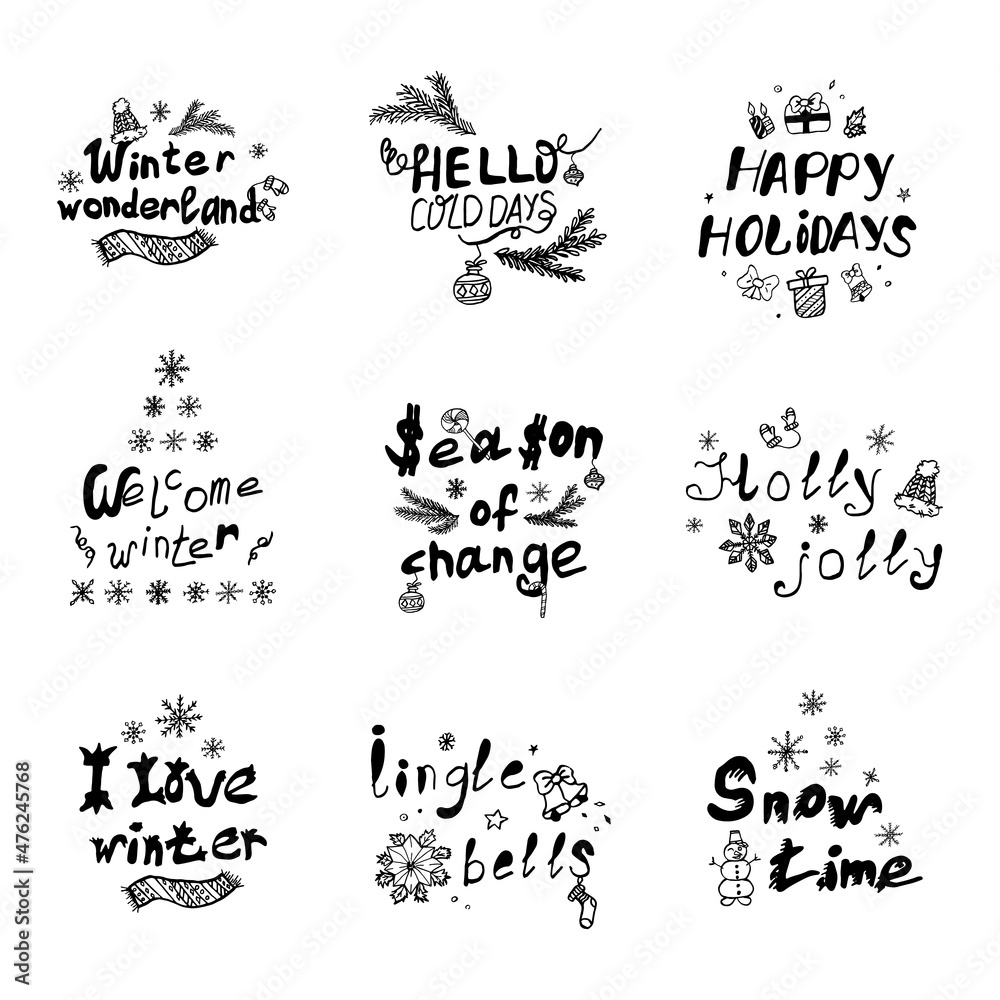 Set of Merry Christmas and Happy New Year quotes.Decor for xmas stamp with snowflakes, snowman, candy, fir branch. Collection stickers with lettering and winter elements. Vector isolated illustration